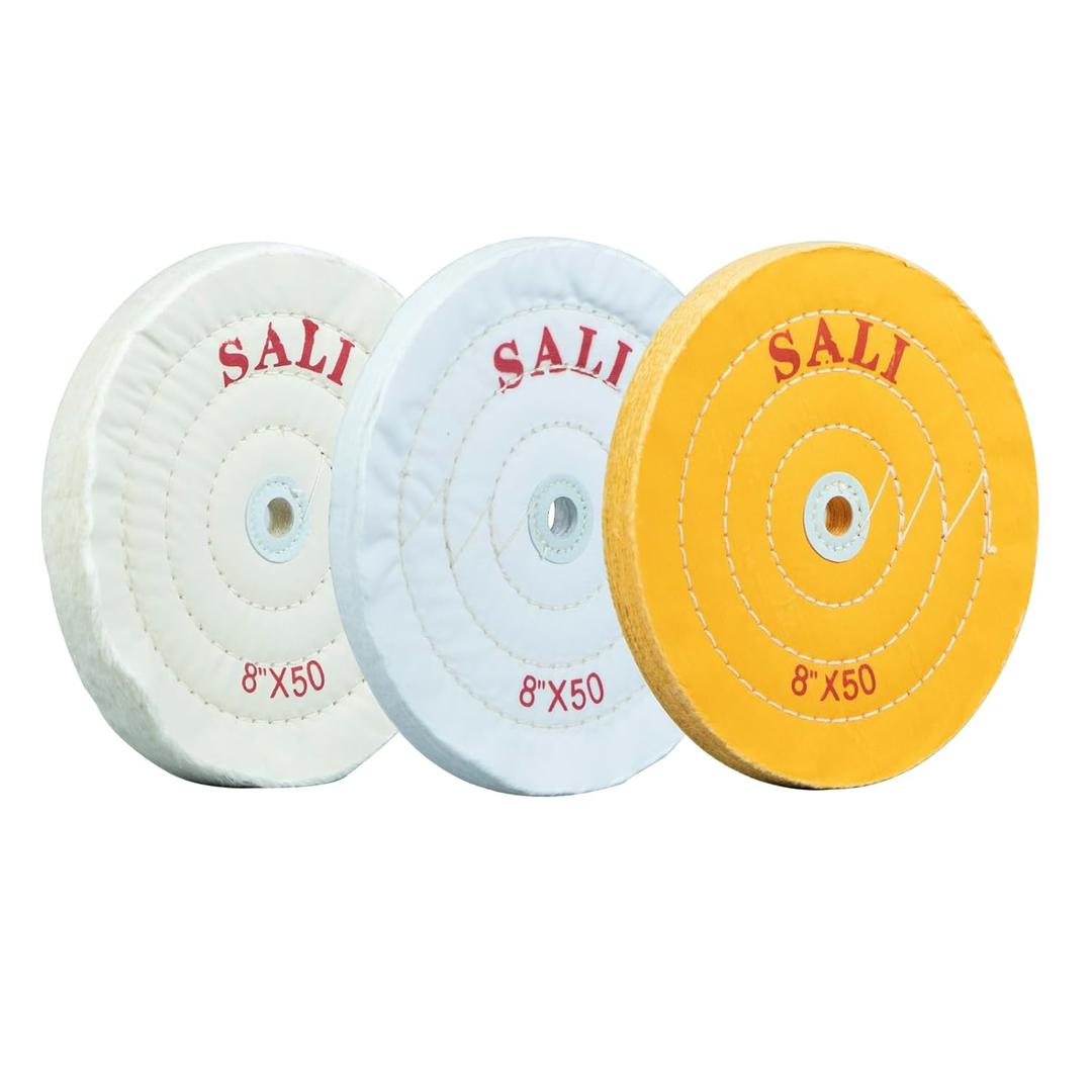 SALI 3 Pack Polishing Wheel for Bench Grinder Buffing Wheel 8 inch Yellow-Coarse White-Medium White -Fine (50 Ply) for 5/ 8'' Arbor Buffer Polisher Polish Pad