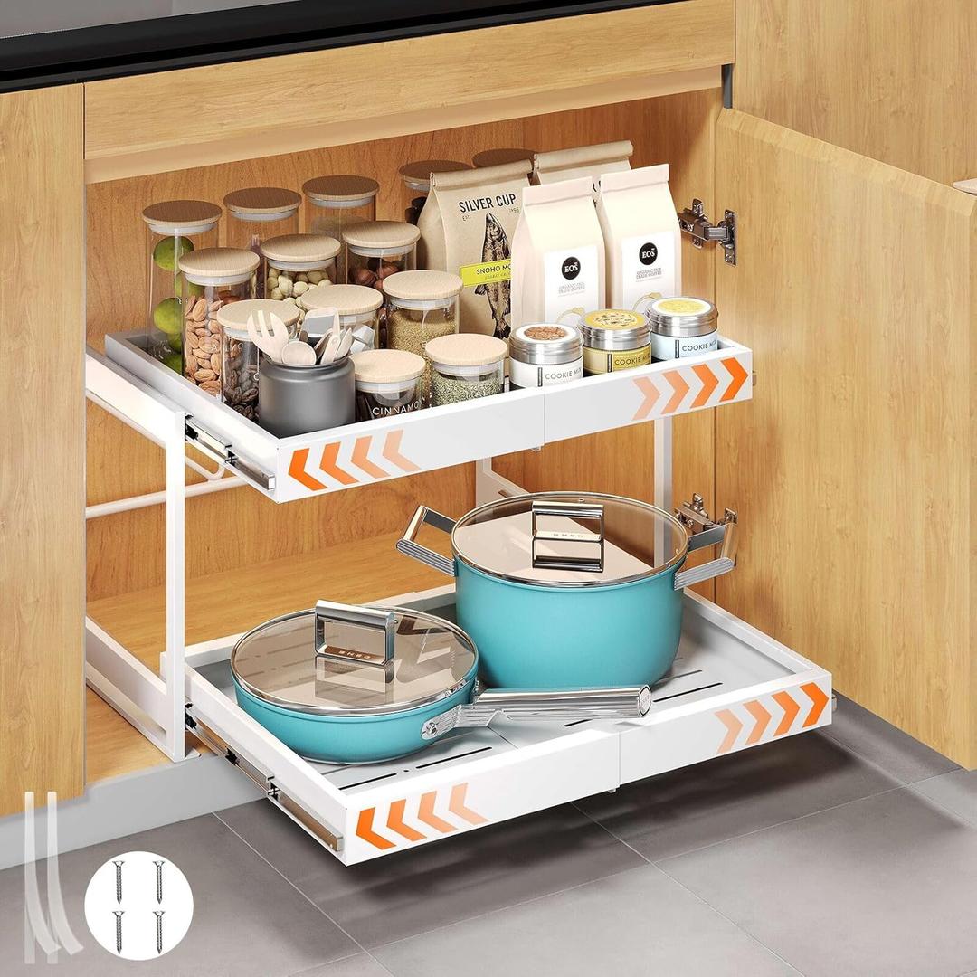 2 Tier Pull Out Cabinet Organizer, 21" Depth Cabinet Pull Out Shelves, Expandable 14-20 W, Heavy-Duty Cabinet Drawers Slide Out for Kitchen Pots, Pans & Pantry Storage