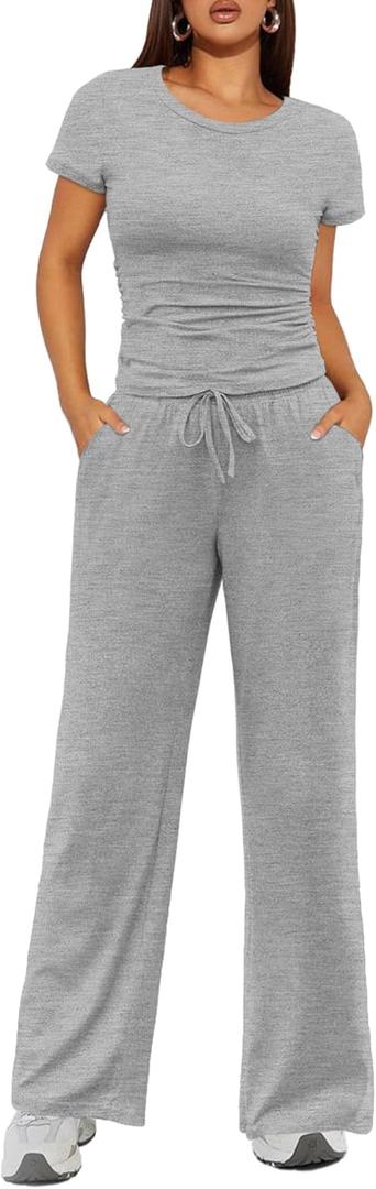 Ekouaer Women's 2 Piece Lounge Sets Ruched Short Sleeve Top and Wide Leg Pants Loungewear Tracksuit Sets with Pockets (Medium)