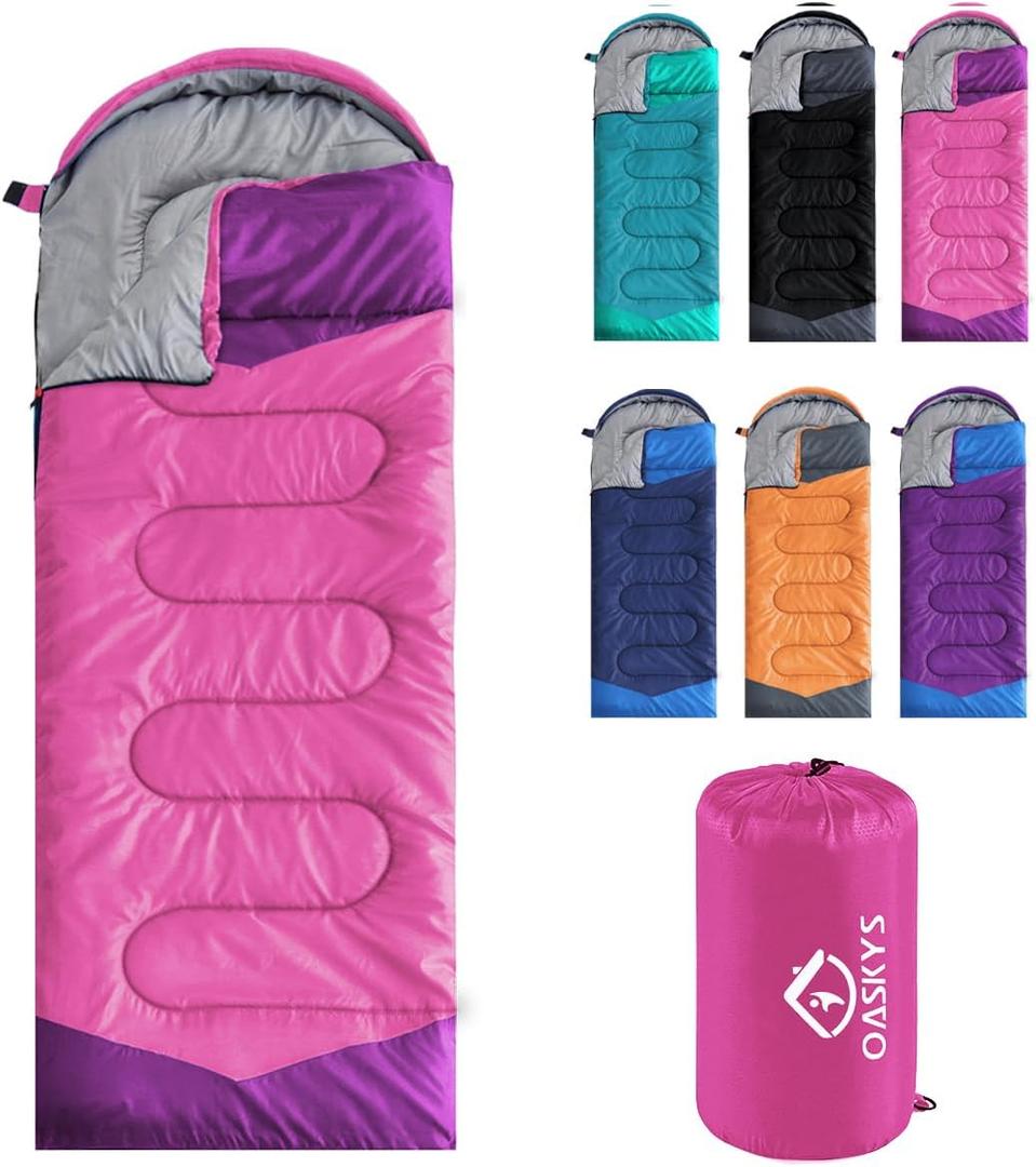 oaskys Camping Sleeping Bag - 3 Season Warm & Cool Weather - Summer Spring Fall Lightweight Waterproof for Adults Kids - Camping Gear Equipment, Traveling, and Outdoors (50-80F Everyday 3 Season - Pink)
