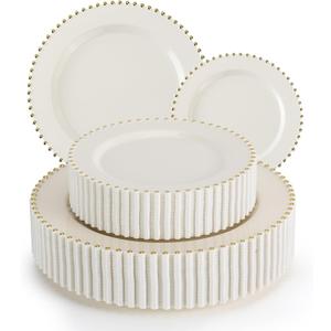 ejonirinjonir EI 60pcs Beige Plastic Plates with Gold Rim,Ivory Disposable Plates,Heavy Duty Fancy Plastic Plate,10" Dinner & 7" Dessert Plate Elegant for Party,Wedding,Birthday,Spring,Afternoon tea