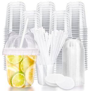 12oz Disposable Stemless Glasses With Bear ears Dome Lids and Straws,PET Disposable Drinking Cups,Clear Plastic Wine Glasses for Parties Birthday,Wedding,Meeting,Party Supplies (100, Transparent)