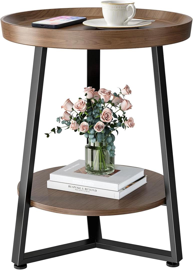 Round End Table, 2-Tier Tray Top Side Tables with Storage Shelf, Ultra Stable Coffee end Table/Nightstand, Modern Farmhouse Couch Table for Living Room, Bedroom, Bedside Stand or Small Spaces, Walnut