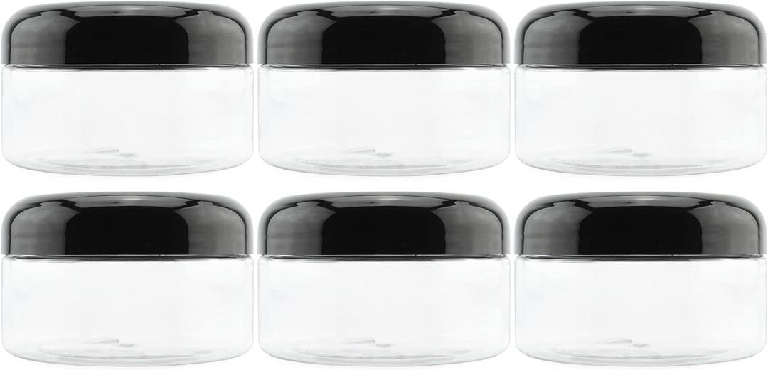 Cornucopia Brands 8oz Clear Plastic Jars w/Black Plastic Lids (6-Pack); BPA Free PET Stackable Containers for Bathroom & Kitchen Storage & Cosmetics