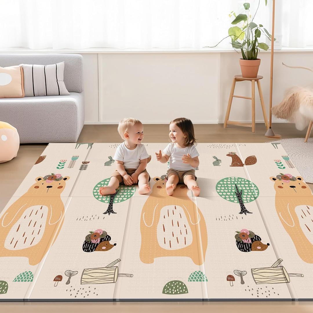 UANLAUO Foldable Foam Kids Play Mat for Babies - Reversible Baby Floor Mat for Infants/Toddlers, Non-Toxic Waterproof Thick Baby Crawling Mats, Indoor Outdoor Playmats for Babies(71x59x0.4 Inch) (Bear+Tree)