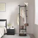 Solid Wood Coat Rack Freestanding Clothing Rack with Wheels & 2 Shelves Storage & 5 Hooks Heavy Duty Clothes Rack Wood Coat Tree Stand Hat Hanger Rack for Corner Bedroom Entryway Living Room Hotel