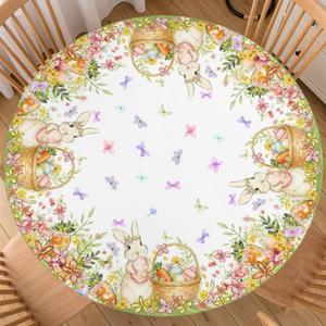 Easter Rabbit Round Fitted Tablecloth with Elastic Edge 40-44 Inch Yellow Floral Table Cover Washable Cute Bunny Table Cloth for Kitchen Dining Party Decor