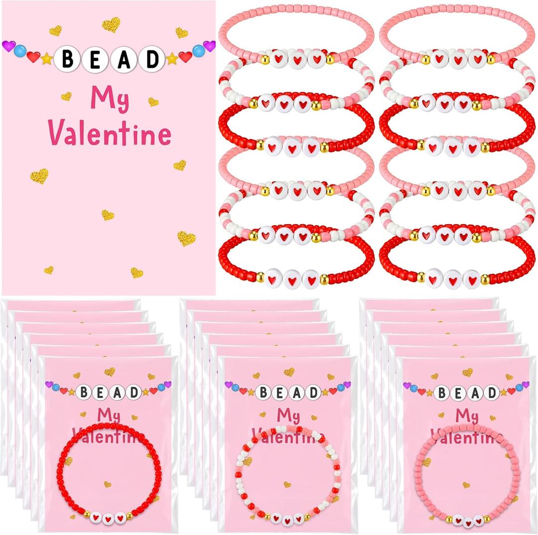 24 Pcs Valentine's Day Bracelets for Women Colorful Stretch Clay Beaded Pink Red Wrist Jewelry Bulk Valentine Party Supplies
