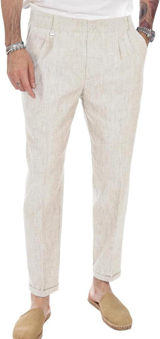 Beotyshow Mens Linen Pants Casual Elastic Waist Trousers Summer Beach Lightweight Pants (Medium, White)