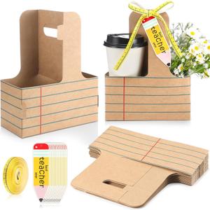 Reallnaive 24 Set Teacher Appreciation Gifts 2 Cup Drink Carrier with Greeting Card Ribbon Disposable Cup Holders with Handle for Back to School End of Year Party Favors (Brown,Stripe)