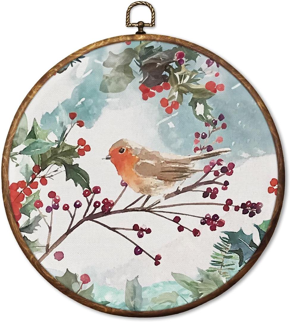 HUGANE Vintage Rustic Winter Bird Round Wall Art Decor, Farmhouse Cozy Snow Seasonal Birding Hanging Canvas Framed Prints Wall Sculptures for Home Bedroom Living Room Decor, 10x10 Inch (dadongt-2)