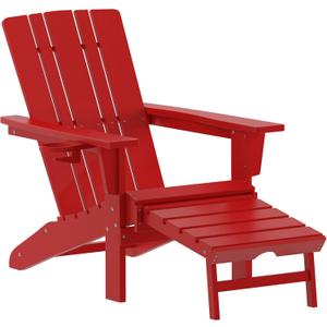 Flash Furniture Halifax Poly Resin Adirondack Chair with Cup Holder and Pull Out Ottoman, All-Weather Poly Resin Indoor/Outdoor Lounge Chair, Red (Set of 1)