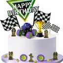 Haooryx Monster Truck Cake Topper - 40Pcs Green and Purple Monster Truck Cake Decoration Racing Car Dessert Cupcake Topper for Kid Boy Birthday Truck Theme Party Baby Shower Table Decoration Supply