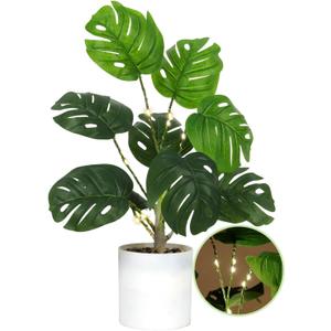 RECUTMS Fake Plants Tall 18In with Light Artificial Monstera Plant Potted Tropical Palm Tree in White Pot Faux Potted Greenery for Indoor Home Office Table Living Room Balcony Porch Outdoor Decor