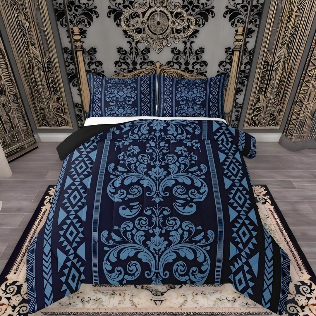 Comforter Set Queen Size,Navy Blue Aztec Damask 3 Pcs Bedding for Kids and Adults,Western Bohemian Baroque Goth Floral Victorian Comforter Sets with No Fitted Sheet 2 Pillowcases for Bedroom Bed Decor