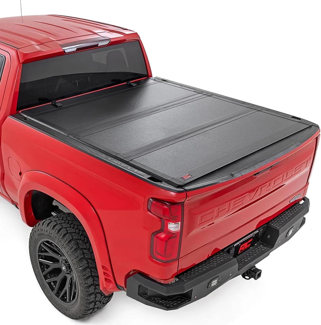 Rough Country Hard Tri-Fold Flip Up Tonneau Cover for Chevy Silverado & GMC Sierra 1500 (2019-2026)  Flush Aluminum Bed Cover, Fits 5'10" Short Bed