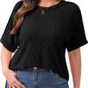 Plus Size Short Sleeve Tops for Women Crewneck Ribbed Knit High Low Hem Tunics Summer Casual T Shirts Black, 5X-Large