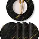 Round Leather Placemats Set of 4 PU Waterproof Non-Slip Washable Heat Resistant Place Mat for Kitchen Dining Table - Black Marble Gold Line