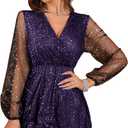 Floerns Women's Lantern Long Sleeve V Neck Mesh Cocktail Party Short Dress Without Belt (Purple Glitter) Small