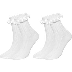 Gvhntk 2 Pair Women's Ruffle Socks Mid-Calf Lace Ruffle Frilly Ankle Socks Soft Stretchy Comfortable Cotton Princess Socks (White)