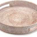Coffee Table Tray Round Rattan Ottoman Tray Woven Serving Trays with Handles for Home and Kitchen Decorative Whitewash (Large 16.9 inch)