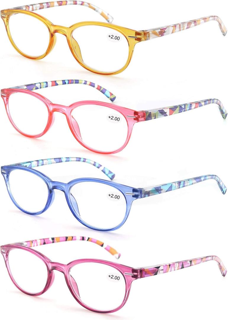 MODFANS Reading Glasses Women 4 Pack Fashion Ladies Readers 1.5 Strength,Women's for Reading Comfort Spring Hinge Arm Eyeglasses-Lightweightest Round Frame Look Stylish to Wear,Come with Pouch