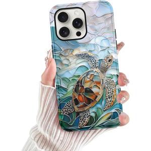 for iPhone 15 Pro Stained Glass Phone Case 6.1", Aesthetic Blue and Green Turtle Ocean Sea Case Cute Pattern Print Design Cover Anti-Scratch Glossy Prevention Funda for Woman Girls Men