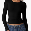 QINSEN Womens Crewneck Long Sleeve Shirt Double Lined Basic Tees Side Ruched Going Out Crop Tops S