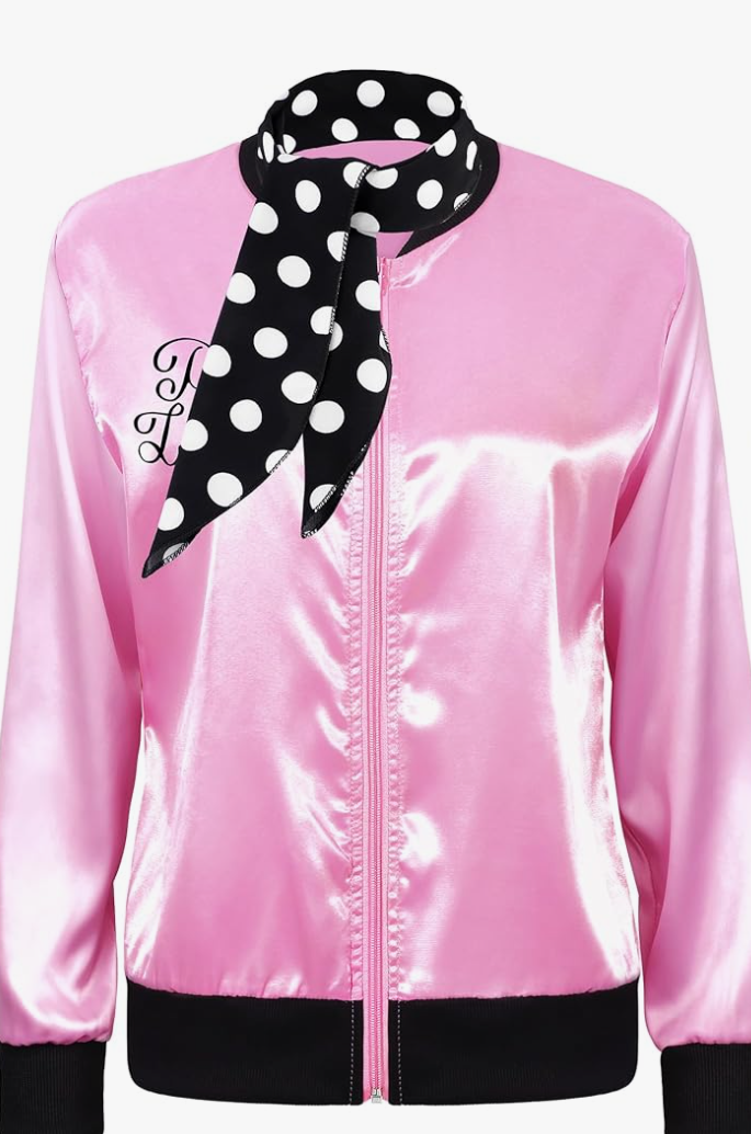 4 Pieces 1950s Women Pink Satin Jacket with Polka Dot Scarf Headband Earrings Eye Glasses Halloween Party Costume Set, M