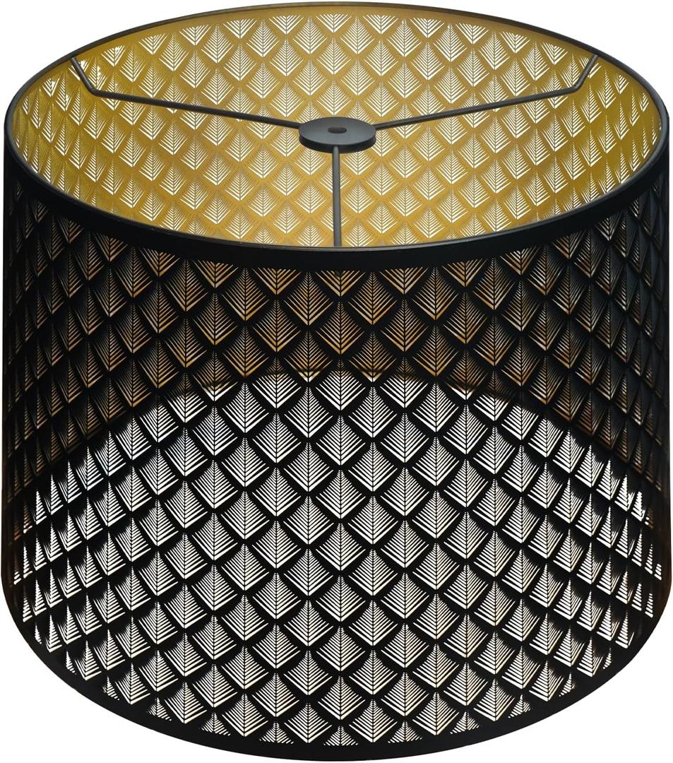 ALUCSET Drum Lampshade 14" Top x 16" Bottom x 11" High (Spider) Large Lamp Shade Replacement for Table Lamps and Floor Lamp Modern Lamp Shades, Black and Gold Lampshades with Etched Arrow Pattern