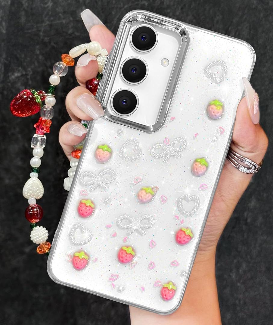 Toycamp for Samsung Galaxy S25 Plus Case, for Samsung Galaxy S24 Plus Cases - Women Girls Cute Clear Sparkly Girly Kawaii 3D Strawberry Design with Charm Strawberries Wrist Chain Aesthetic Phone Cover