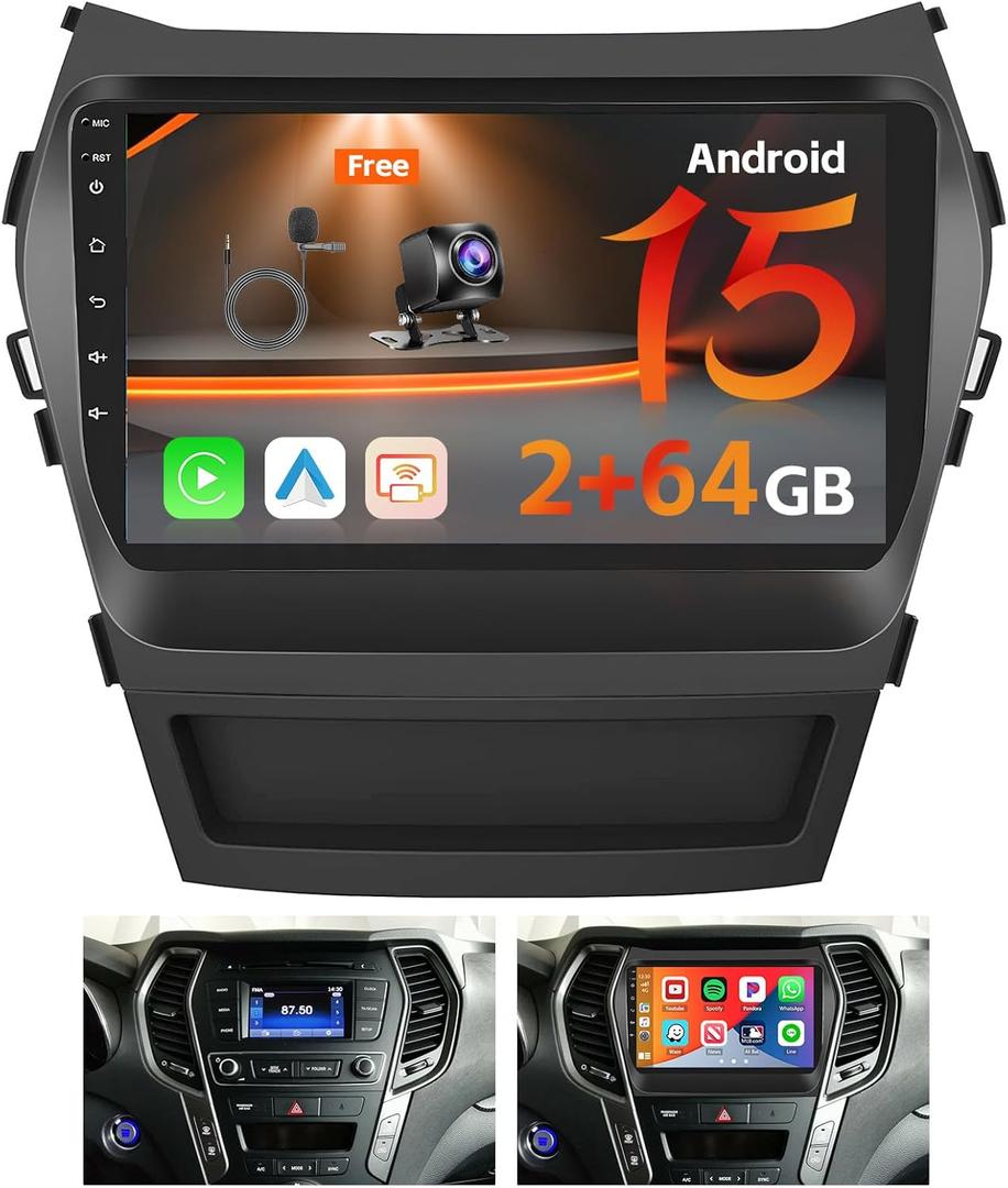 [2G+64G] Radio for Hyundai Santa Fe 2013 2014 2015 2016 2017 with Wireless Carplay, 9 Inch Android Touch Screen for Santa Fe Car Stereo, Bluetooth, GPS Navigation, 5GHz WiFi, DSP, 28UI + Backup Cam