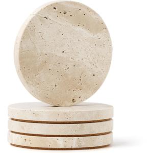 Natural Travertine Marble Coasters Set of 4-4" Round Stone Drink Coasters, Non-Slip Cork Backing, Housewarming Gift, Wedding, Protect Tables from Stains & Scratches (BD140)