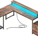 PRAISUN 66" L Shaped Gaming Desk with LED Lights & Power Outlets, Computer Desk with Fabric Drawers and Print Stand, Corner Office Desk, Monitor Stand, Mesh CPU Stand, Rustic Brown