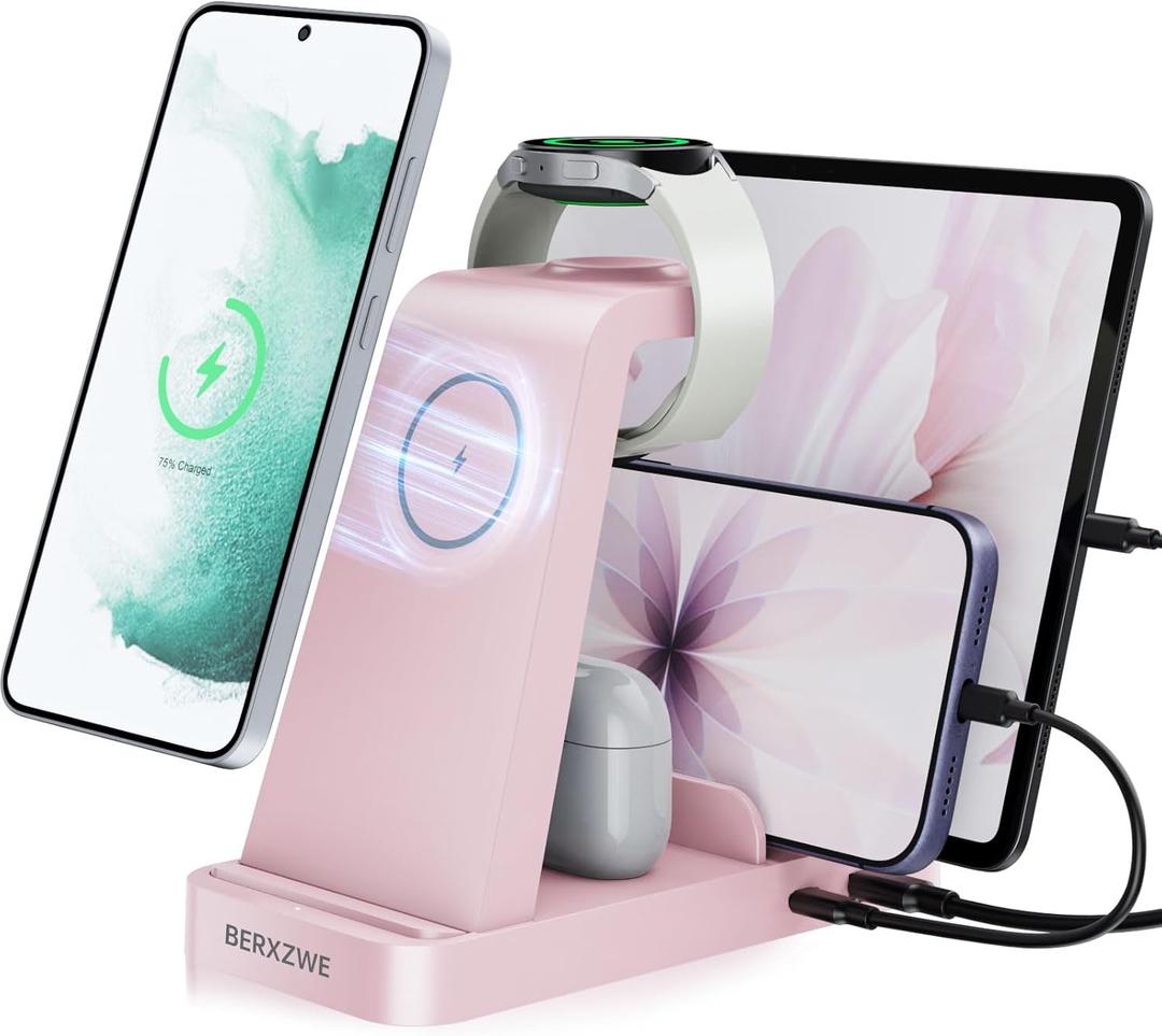 Wireless Charger for Samsung, 5 in 1 Wireless Charging Station for Samsung, Charger Dock Stand for Galaxy Watch Ultra 7 6 5 4 3, Galaxy S25 S24 Ultra S23 S22 S21, Note 20 10 Z Fold Buds, Pink