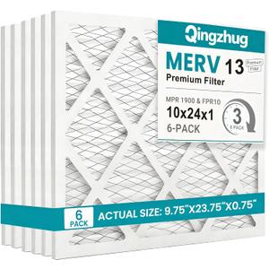10x24x1 MERV 13 (6-Pack) Pleated Air Filter (Actual Size: 9.5"x23.5"x0.75") MPR 1900 & FPR 10, Furnace Air Filters