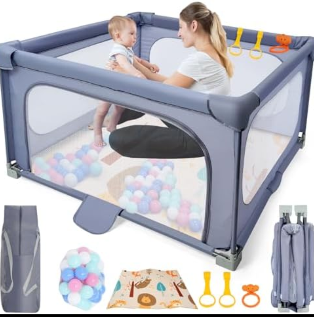 Foldable Baby Playpen,50"×50" Play Pens for Babies and Toddlers,Safe Anti-Fall Play Yard with Gates,Baby Fence with Breathable Mesh,Indoor & Outdoor Kids Activity Center,2 Handlers+Ocean Ball+Basket