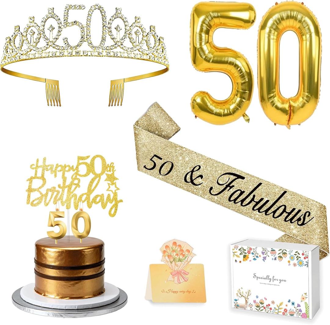 50th Birthday Decorations for Women with 50th Birthday Sash and Crown, Number Balloons, Birthday Card, Cake Topper and Candles, 50 Year Old Female Gifts for Her, Gold
