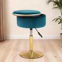 LITZFUR Adjustable Vanity Stool with Storage, 360° Swivel Gold Chair, Velvet Small Round Ottoman Footrest for Bathroom, Makeup Room, Blue