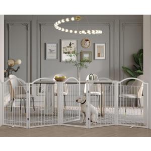 BHG Metal No-Assembly Freestanding Dog Gate with Door Walk Through, Extra Wide 120", Extra Tall 32" Pet Gate, Accordion Puppy Folding Playpen Dog Fence, with 2PCS Support (White, 5 Panels)