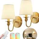 Battery Operated Wall Sconces set of Two,Wireless Wall Sconces with 10000mAh Dimmable Bulb and Remote,LED 15 Colors Rechargeable Gold Wall Sconce with Fabric for Bedroom Living Room Hallway Wall Decor