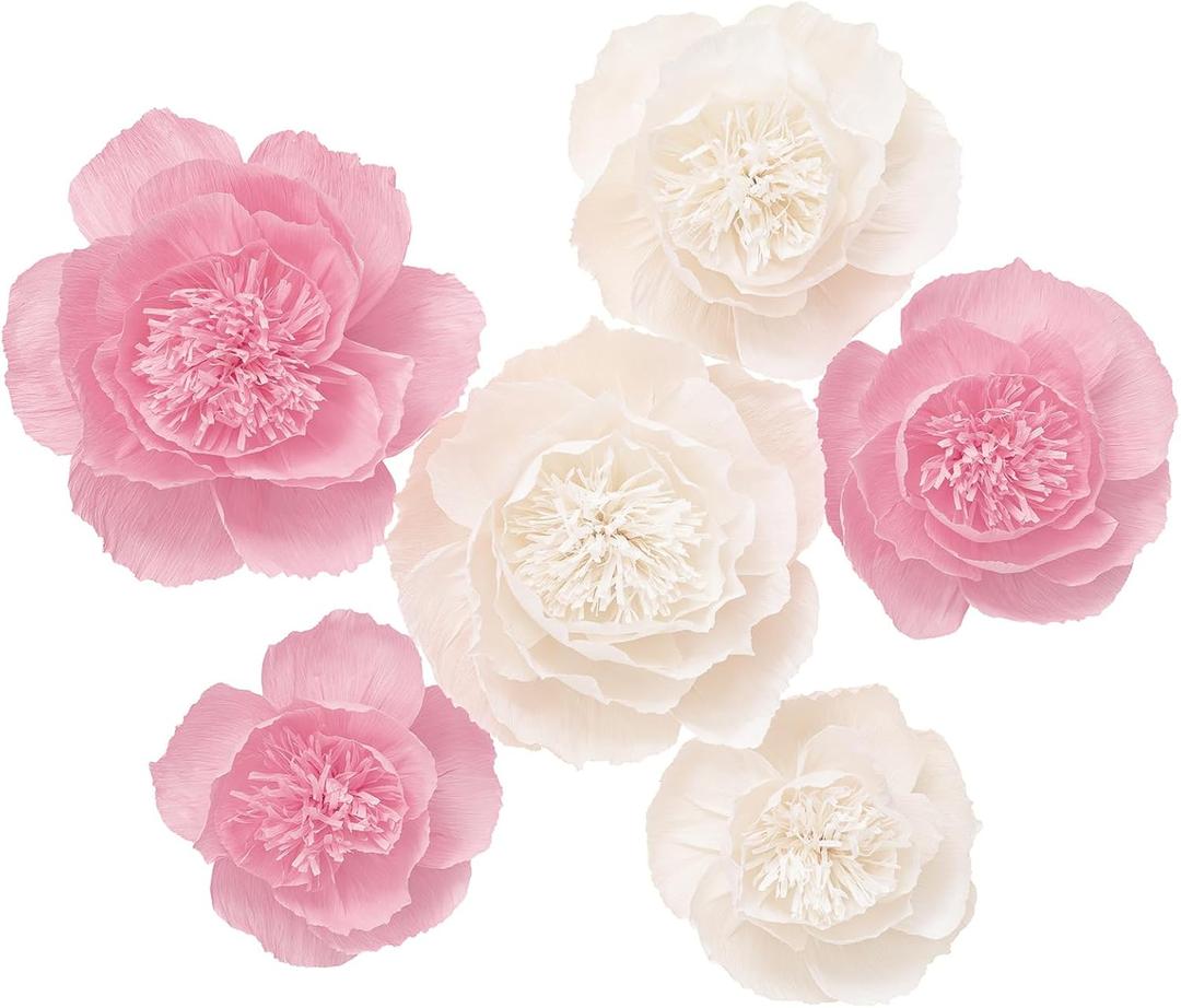 Crepe Paper Flowers Decoration for Wall, Flowers for Wedding Decor,Flower Backdrop Decor,Baby Shower,Birthday Party,Photo Backdrop,Archway Decor, Nursery Wall Decor (White+Pink ;Set/6)