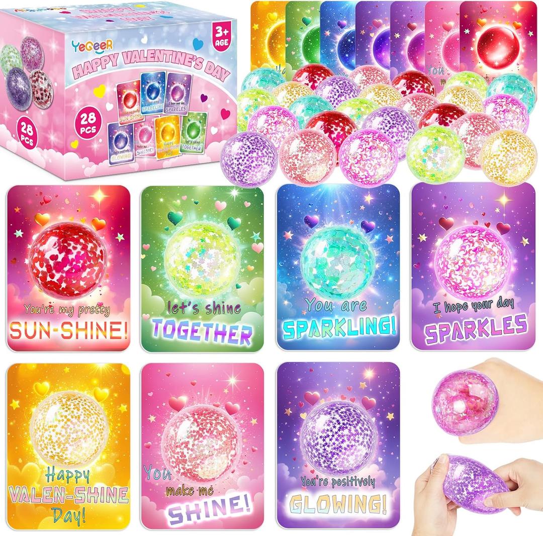 28 Pack Valentines Day Gifts for Kids, 28Pcs Valentines Stretchy Ball with 28Pcs Cards, Classroom Exchange Prizes & Party Favors, Kids Valentines Day Cards, Ideal Valentine Gifts for Boys Girls