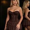 Women's Lace Corset Dress Sexy Mini Party Dress with Built in Shorts (Brown, L)