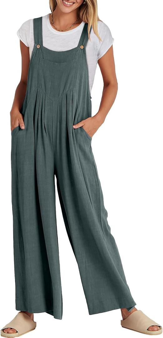 ANRABESS Womens Jumpsuits Overalls Wide Leg Casual Summer Outfits Linen Rompers Jumpers Sleeveless Straps 2025 Clothes (Small, Grey Blue)