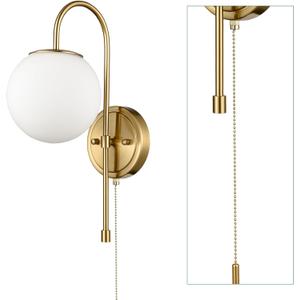 DEYNITE Modern Gold Wall Sconce Milk Globe Wall Light Fixtures with Pull Chain Switch for Bedroom Bathroom Balcony