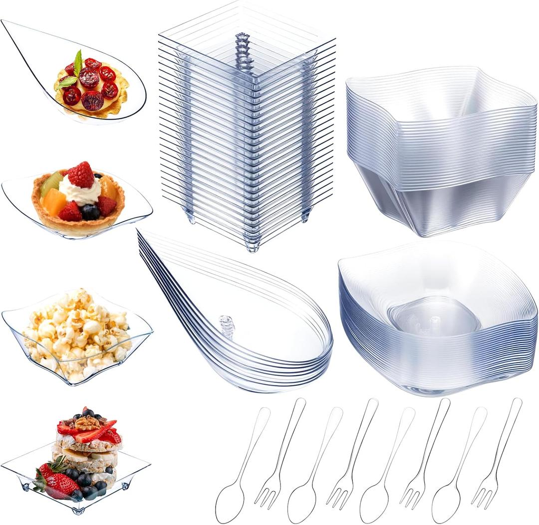 200 Pcs Mini Appetizer Plates with Spoons and Forks Plastic Mini Dessert Plates Clear Square Plate Leaf Shape Dessert Bowls for Sauce Snacks Party Birthday Wedding