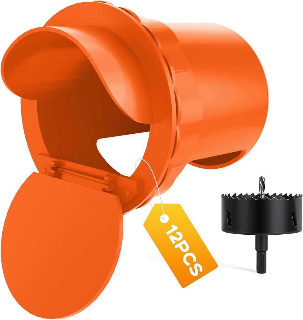 Chicken Feeder Port 12 Pack - No Waste DIY Poultry Feeding Kit with Stopper Lid & Hole Saw, Reusable Rain Proof Automatic Coop Gravity Feeder for Hens Ducks Geese (Orange)