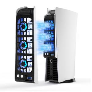 NEWDERY Cooling Fan for PS5, Upgraded 9-Blades & Larger Fan Quiet Cooler with Auto Speed, Extra USB3.0 Port & LED Light for PS5 Only, Not for PS5 Slim/Pro, White