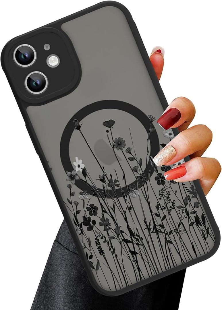 OOK Magnetic for iPhone 11 Case [Compatible with MagSafe] Black Wild Flower Slim Translucent Matte Case for iPhone 11 Case Camera Lens Protection Scratch-Resistant Cover, Black Wild Flower (6.1")